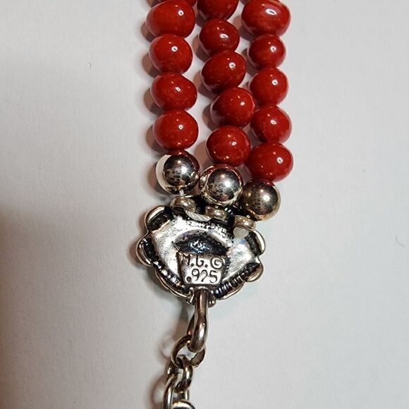 Ruby Lane Signed M.G. Sterling Silver Red Coral Bead Bracelet 3 Rows - Picture 10 of 10